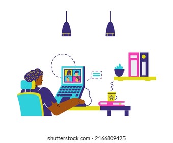 Woman employee at remote company meeting, office worker with laptop, flat vector illustration isolated on white. Cartoon character in the home office. Outsource concept.