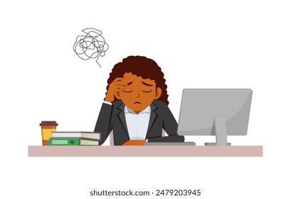 woman employee sit in desk working on office and feeling confused
