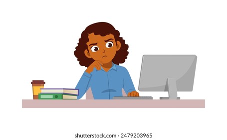 woman employee sit in desk working on office and serious look to computer