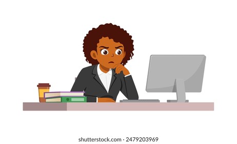 woman employee sit in desk working on office and serious look to computer