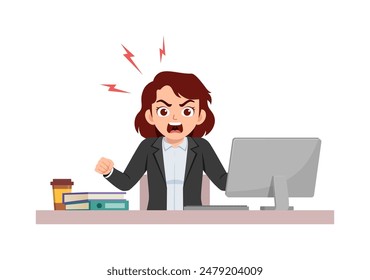 woman employee sit in desk working on office and screaming