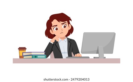 woman employee sit in desk working on office and serious look to computer