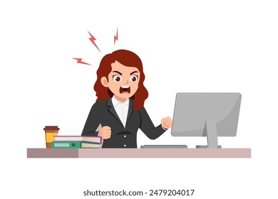 woman employee sit in desk working on office and screaming