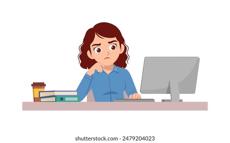 woman employee sit in desk working on office and serious look to computer