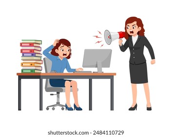woman employee sit in desk working on office with computer, boss standing angry