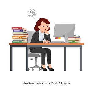 woman employee sit in desk working on office and feeling confused