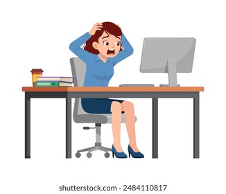 woman employee sit in desk working on office and scream and panic