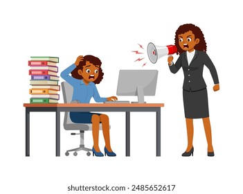 woman employee sit in desk working on office with computer, boss standing angry