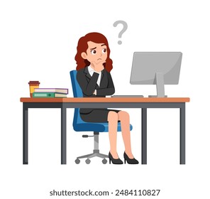 woman employee sit think in desk working on office with computer and question mark