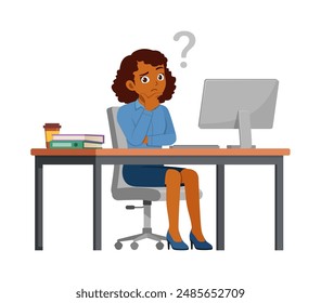 woman employee sit think in desk working on office with computer and question mark