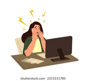 Mujer empleada en estrés, shock. Molesto trabajador de oficina preocupado en el escritorio de la computadora. Persona asustada por el fracaso laboral, problemas, problemas, errores. Ilustración vectorial gráfica plana aislada en fondo blanco