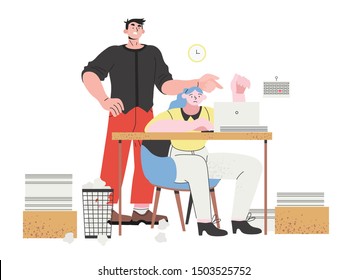 A woman employee in a stressful situation at her working place doing her job in a hurry under presure of her angry boss who is standing behind her and yelling that she is too slow. Hard work concept.