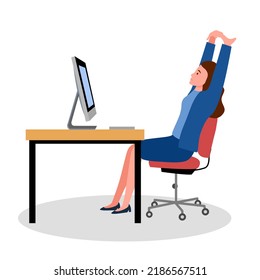 Woman employee stretch at work in flat design on white background.