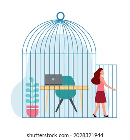 Woman employee walk away from giant cage flat design on white background. Tired and unhappy company worker step out of comfort zone. Freedom need.