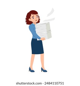 woman employee walking and holding stack of paper file document
