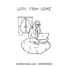 Woman employee work from home, hand drawn outline illustration. Female person sitting and working at home on laptop computer, simple transparent cartoon sketch.