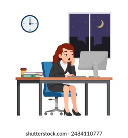 woman employee work overtime at night, feeling sleepy and sit in desk working on office with computer