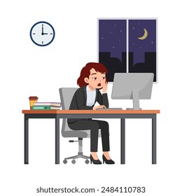 woman employee work overtime at night, feeling sleepy and sit in desk working on office with computer