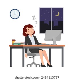 woman employee work overtime at night, feeling sleepy and sit in desk working on office with computer