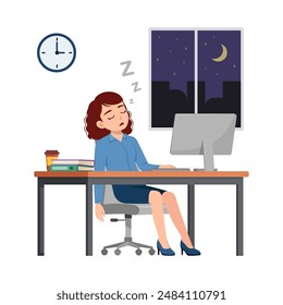 woman employee work overtime at night, feeling sleepy and sit in desk working on office with computer