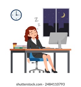 woman employee work overtime at night, feeling sleepy and sit in desk working on office with computer