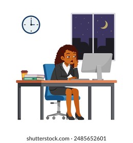 woman employee work overtime at night, feeling sleepy and sit in desk working on office with computer