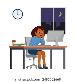 woman employee work overtime at night, feeling sleepy and sit in desk working on office with computer