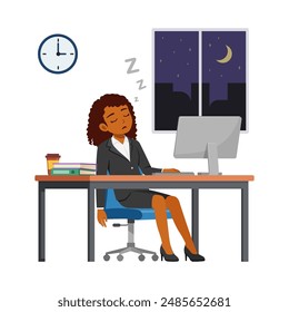 woman employee work overtime at night, feeling sleepy and sit in desk working on office with computer