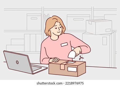 Woman employee work with scanner at warehouse. Smiling female worker packing parcels at storehouse or depot. Occupation. Vector illustration. 