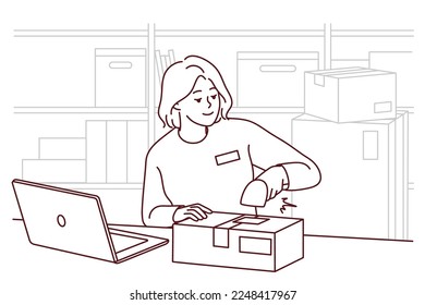 Woman employee work with scanner at warehouse. Smiling female worker packing parcels at storehouse or depot. Occupation. Vector illustration. 