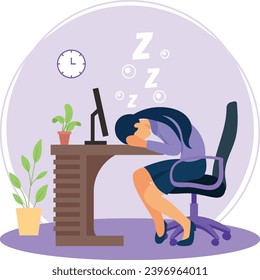 woman employee working at her desk, resting her head on the table vector icon design, corporate well being symbol, Sedentary lifestyle sign, self serving behaviors stock, Snoozing Office Staff concept