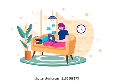 Woman Employee working from home while seating on the couch Illustration concept on white background