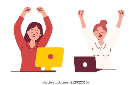 Woman Employees Working From Home Or Office Stretching And Doing Small Exercises At Workplace To Get Rest 
