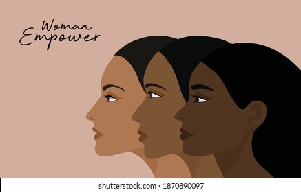 Woman empower movement concept, three different woman strong together concept vector illustration 