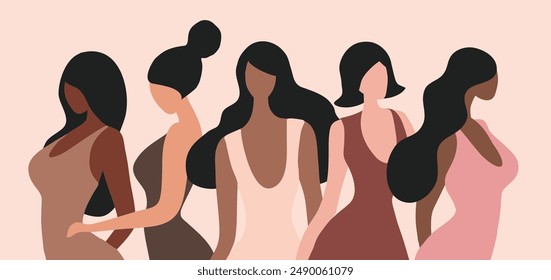 Woman empowerment concept, five different nationality woman, strong together and feminist concept vector illustration