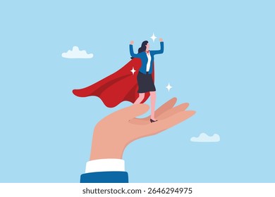Woman empowerment, encouragement or support to help achieve work success, confidence or strength motivation, femininity or lady power, business hand support to empower businesswoman strength.