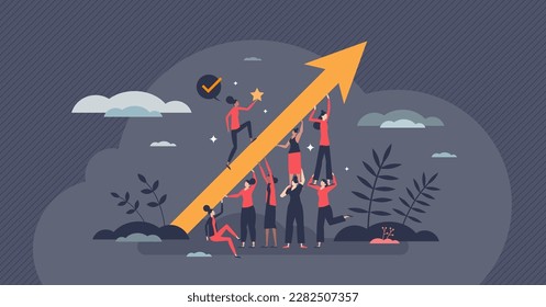 Woman empowerment and female feminism movement group tiny person concept. Strong and powerful social group with strength to fight and be proud of herself vector illustration. Achievement and success.