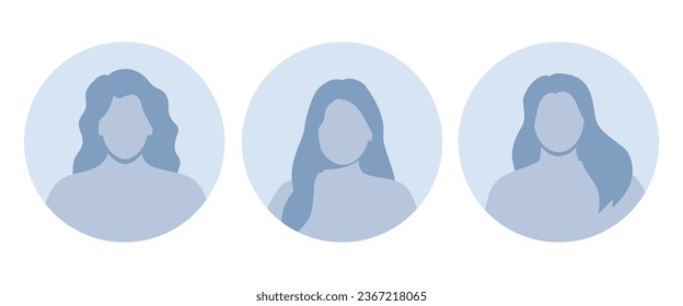 Una mujer con avatares vacíos. Marcador de posición de foto predeterminado para redes sociales, currículos, foros y sitios de citas. Hombres y mujeres sin imágenes fotográficas para el perfil de usuario sin rellenar. Ilustración del vector