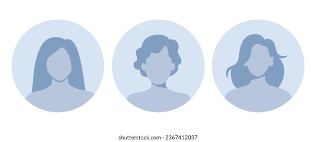 Woman empty avatars set. Default photo placeholder for social networks, resumes, forums and dating sites. Male and female no photo images for unfilled user profile. Vector illustration