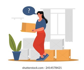 Woman with empty box. Young girl relocate and immigrate from house and apartment. Charcater lost part of things when moving on. Cartoon flat vector illustration isolated on white background