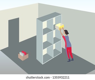 Woman with empty boxes on the room background. Set of characters in perspective view. Office accommodation, trade workers simbol. Colored signs. Vector isolated.