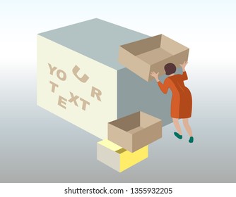 Woman with empty boxes. Set of characters in perspective view. Office accommodation, trade workers simbol. Colored signs. Vector isolated.