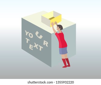 Woman with empty boxes. Set of characters in perspective view. Office accommodation, trade workers simbol. Colored signs. Vector isolated.