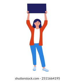 Mulher com um pôster vazio em suas mãos expressando sua opinião. Protesto, comício. Ilustração vetorial isolada em um plano de fundo branco em estilo plano.