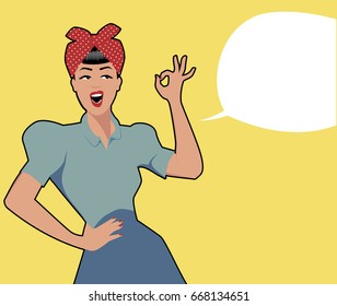 Woman and empty speech balloon. Pin up retro style