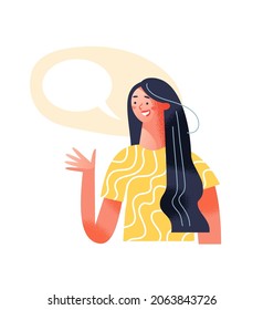 Woman with empty speech bubble vector illustration. Cartoon girl character talking and smiling, one person with message balloon speaking in chat. social media communication concept isolated on white
