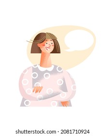 Woman with empty speech bubble vector illustration. Cartoon girl character talking and smiling, one person with message balloon speaking in chat. social media communication concept isolated on white