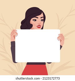 Woman With Empty White Banner Board, Beautiful Lady. Smart Modern Female Social Media Profile Picture. Vector Flat Style Creative Illustration, Beige Plant Background