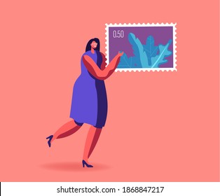 Woman Engage in Philately Concept. Tiny Female Philatelist Character Carry Huge Postmark in Hands. Collecting and Studying History of National Postage Stamps Hobby. Cartoon Vector Illustration