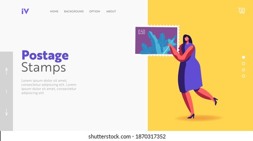 Woman Engage in Philately Landing Page Template. Tiny Philatelist Character Carry Huge Postmark in Hands. Collecting and Studying History of National Postage Stamps Hobby. Cartoon Vector Illustration